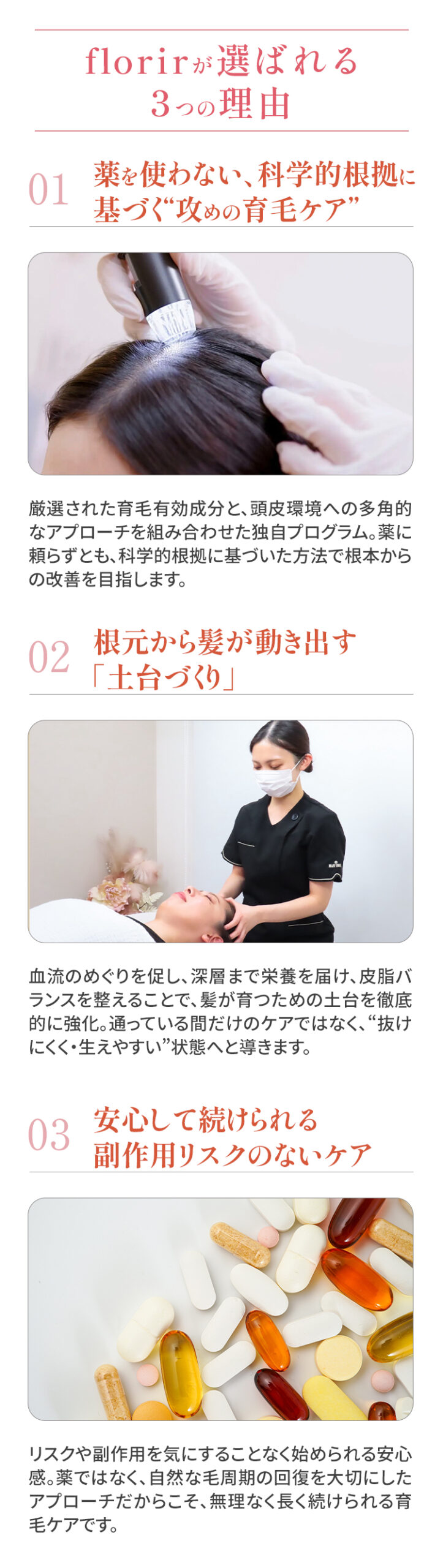 選ばれる理由、薬を使わないケア、リスクなく続けられるケア