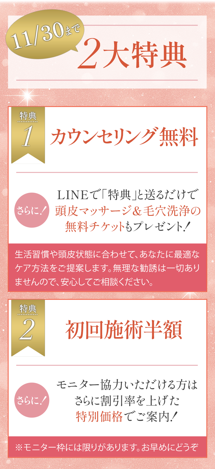 11/30までカウンセリング無料、無料特典、初回施術半額、モニターはさらに割引